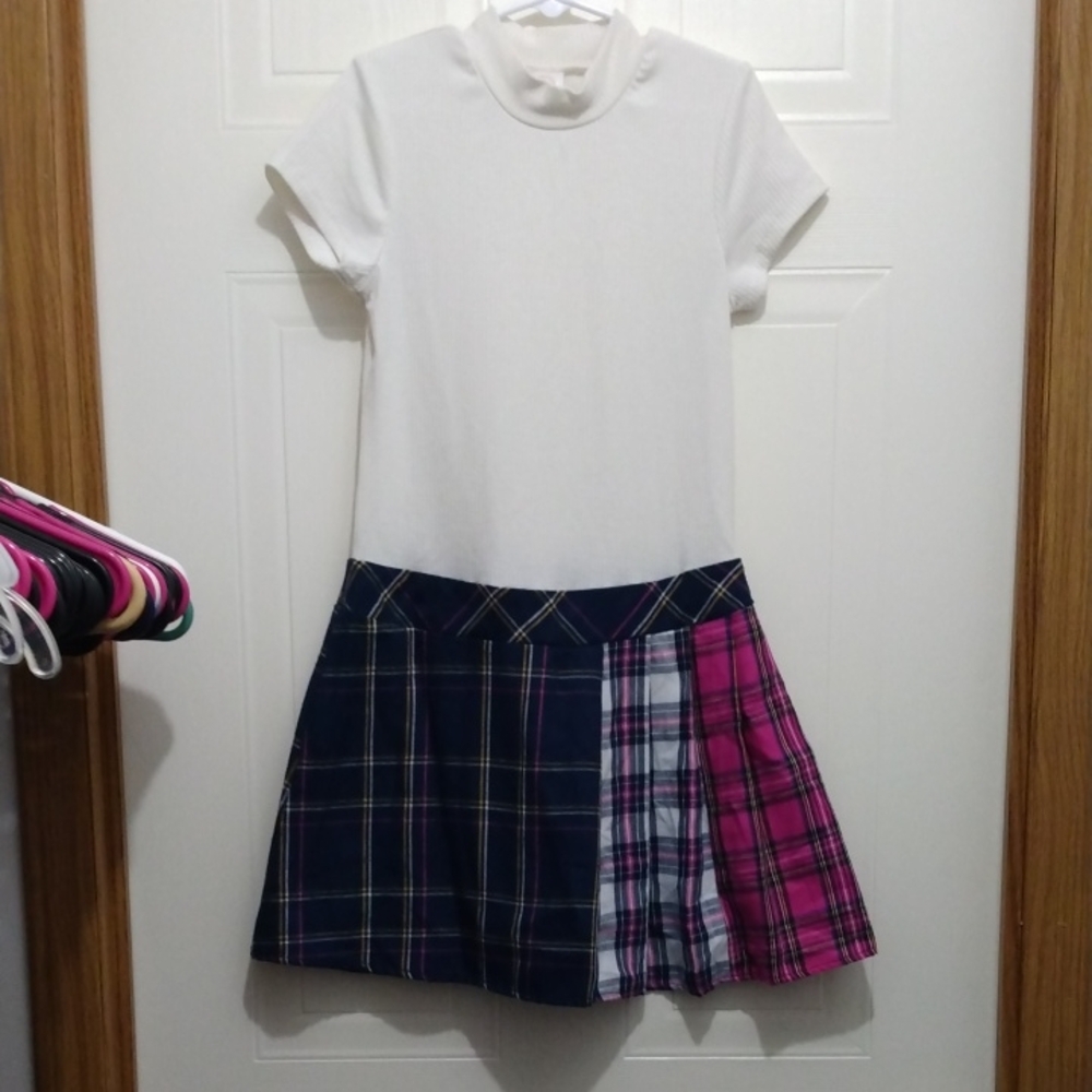 Wonder Nation White Top with Blue and Pink Plaid Skirt